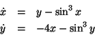 \begin{eqnarray*}\dot x &=& y - \sin^3 x\\
\dot y &=& - 4 x - \sin^3 y
\end{eqnarray*}